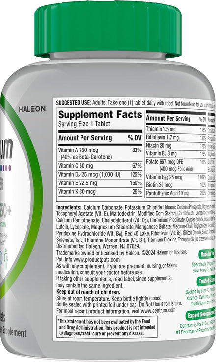 Centrum Silver Multivitamin for Adults 50 Plus, Multivitamin/Multimineral Supplement, Vitamin D3, B Vitamins, Gluten Free, Non-GMO Ingredients, Supports Memory and Cognition in Older Adults - 220 Ct