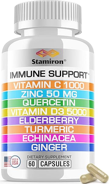 8 in 1 Immune Support with Quercetin Zinc 50mg Vitamin C 1000mg Vitamin D3 5000 IU and Elderberry Echinacea Ginger for Adults Kids - Vit D Immunity Defense Booster Supplement Veg Capsules Made in USA in Pakistan