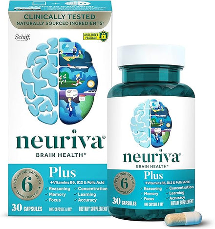 NEURIVA Plus Brain Supplement for Memory and Focus Clinically Tested Nootropics for Concentration for Mental Clarity, Cognitive Enhancement Vitamins B6, B12, Phosphatidylserine 30 Capsules in Pakistan