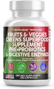 Clean Nutraceuticals Fruits and Veggies Supplement Reds & Green Superfood - Balance of Over 70 Fruit & Vegetable Supplements Capsules with Probiotics Prebiotics Digestive Enzymes - 120 Ct USA in Pakistan