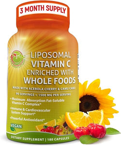 Liposomal Vitamin C Capsules - 1500mg - Made with Organic Acerola Cherries & Camu Camu, High Potency Vitamin C Liposomal - Immune Support Supplement, Enhanced Absorption & Bioavailability - 180 count in Pakistan