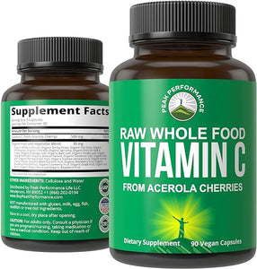 Peak Performance Raw Whole Food Natural Vitamin C Capsules from Acerola Cherry for Max Absorption. Vegan USA Sourced Vitamin C Supplement 90 Pills. 500 mg Serving or 2 Servings 1000mg in Pakistan