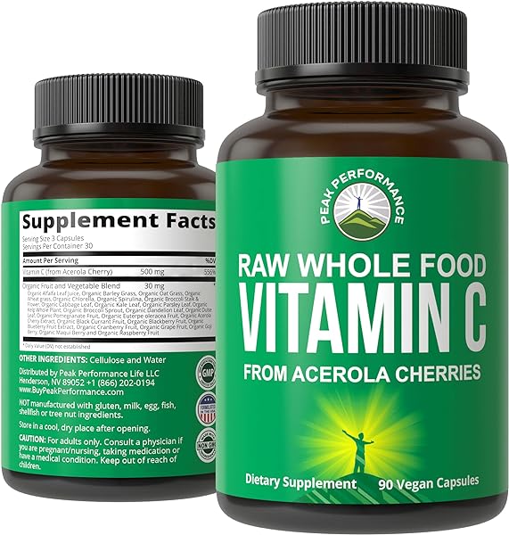 Peak Performance Raw Whole Food Natural Vitamin C Capsules from Acerola Cherry for Max Absorption. Vegan USA Sourced Vitamin C Supplement 90 Pills. 500 mg Serving or 2 Servings 1000mg in Pakistan in Pakistan