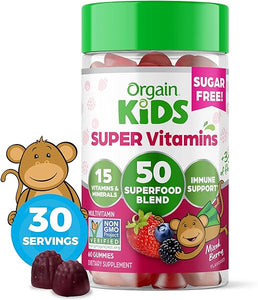 Orgain Kids Sugar Free Multivitamin Gummies, Vegan, 50 Superfoods, 15 Vitamins and Minerals, Immune Support and 3g of Fiber, Mixed Berry, Ages 4+, 1 Month Supply (60 Gummies) in Pakistan