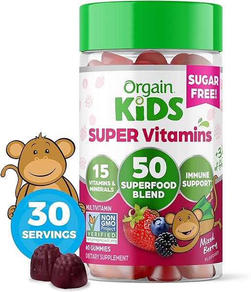 Orgain Kids Sugar Free Multivitamin Gummies, Vegan, 50 Superfoods, 15 Vitamins and Minerals, Immune Support and 3g of Fiber, Mixed Berry, Ages 4+, 1 Month Supply (60 Gummies) in Pakistan in Pakistan