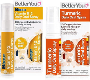 Turmeric and Boost B12 Daily Oral Spray Duo - Ensures Effective Absorption of Essential Curcuminoids - Convenient Alternative for Tablets - Gluten Free - Orange and Apricot Flavors - 2 pc in Pakistan