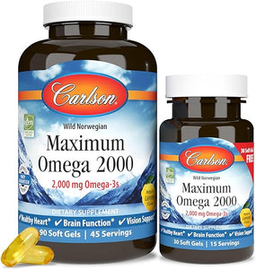 Maximum Omega 2000, 2000 mg Omega-3 Fatty Acids Including EPA and DHA, Wild-Caught, Norwegian Fish Oil Supplement, Sustainably Sourced Fish Oil Capsules, Lemon, 90+30 Softgels in Pakistan