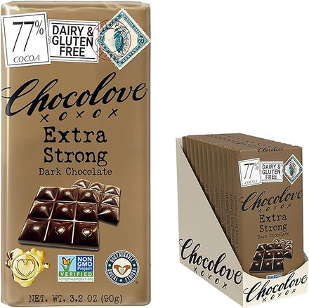 Chocolove Extra Strong Dark Chocolate Bars | 77% Cocoa | Strong & Smooth Belgian Dark Chocolate | Rainforest Alliance Certified, Non-GMO, 3.2 oz Bar (12 Pack) in Pakistan