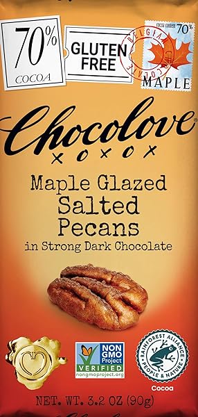 Chocolove Maple Glazed Salted Pecans in Strong Dark Chocolate, 70% Cacao | Non GMO, Rainforest Alliance Certified Cacao | 3.2oz Bar | 12 Pack in Pakistan