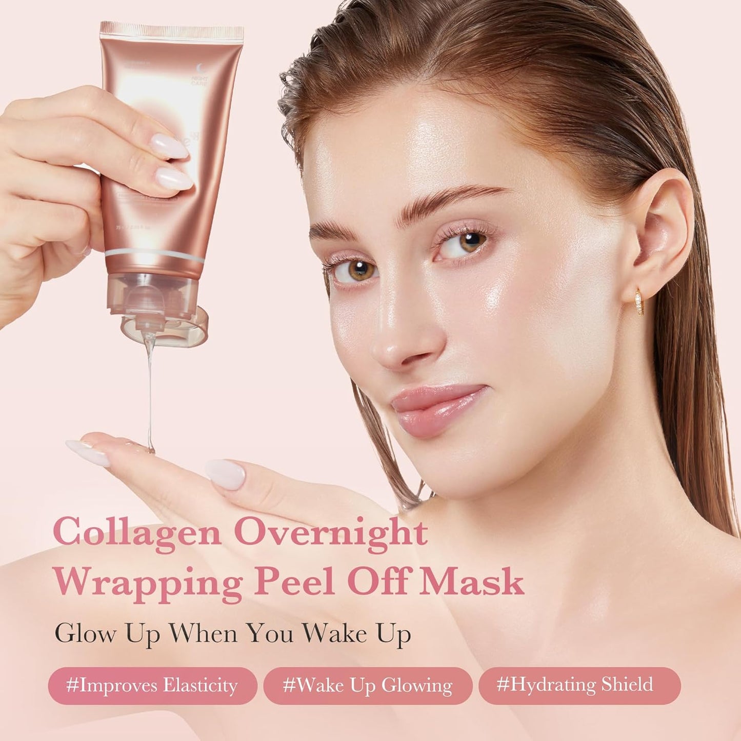 medicube Pink Glow Wrapping Mask Duo: Collagen Overnight Wrapping Peel Off Facial Mask Pack and PDRN Caffeine Overnight Wrapping Peel Off Facial Mask and brush