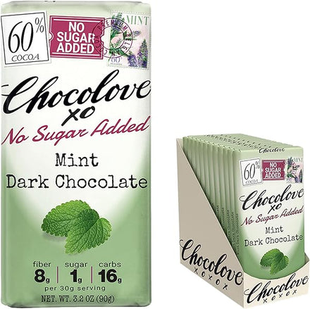 Chocolove XO No Sugar Added, Mint in Dark Chocolate, 60% Cacao | Non GMO, Rainforest Alliance Certified Cacao | 3.2oz Bar | 12 Pack in Pakistan