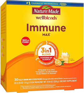 Nature Made Wellblends ImmuneMAX Fizzy Drink Mix, Vitamin C 1500mg, Zinc 15 mg, Vitamin D3 1000 IU (25 mcg), plus B Vitamins and Electrolytes Hydration Blend, 30 Stick Packs in Pakistan