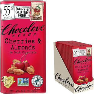 Chocolove Cherry & Almonds Dark Chocolate Bars | 55% Cocoa | Infused with Real Cherries & Crunchy Almonds | Crafted with Premium Belgium Chocolate | 3.2 oz Bar (12 Pack) in Pakistan