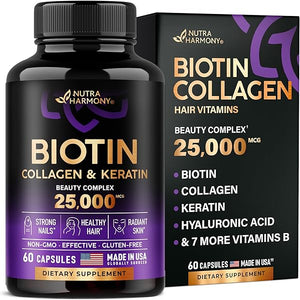 Biotin | Collagen | Keratin | Hyaluronic Acid - Hair Growth Support Supplement | Skin & Nails Beauty Complex 25000 mcg - B1 | B2 | B3 | B6 | B7 - Made in USA - For Women & Men | 60 Capsules in Pakistan
