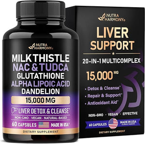 Liver Detox Supplement | Milk Thistle | Tudca | Alpha Lipoic Acid | NAC & Glutathione - Liver Cleanse, Detox & Repair - 20 in 1 Supplement 15,000 mg w/ Dandelion - Made in USA - Vegan, 60 Capsules in Pakistan