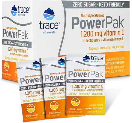 Trace Minerals | Power Pak Sugar Free Electrolyte Powder Packets | 1200 mg Vitamin C, Zinc, Magnesium | Boost Immunity, Hydration and Natural Energy | Keto Friendly | Orange Mango | 30 Packets in Pakistan