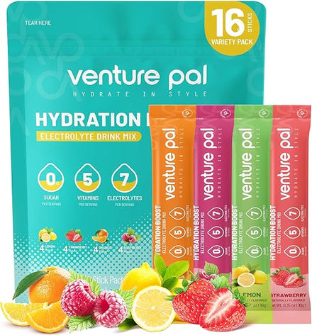 Venture Pal Sugar Free Electrolyte Powder Packets - Liquid Daily IV Drink Mix for Rapid Hydration & Party Recovery | 5 Vitamins & 7 Electrolytes| Keto Friendly | Non-GMO | Certified Vegan | 16 Sticks in Pakistan