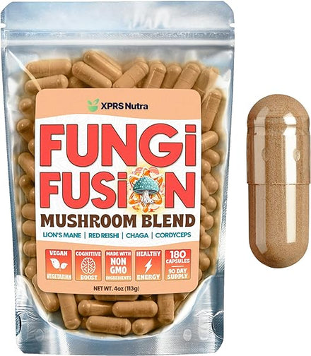 XPRS Nutra Fungi Fusion Mushroom Blend Capsules - 180 Count (90 Day Supply) Premium Blend of Lion's Mane, Reishi, Chaga, Cordyceps Capsules for Mental Clarity, Cognition, Energy and Immunity in Pakistan