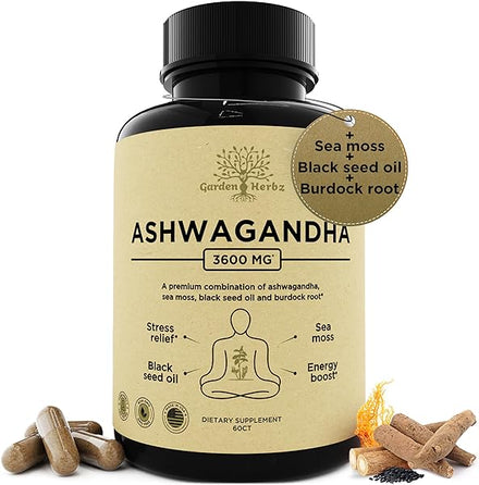 Organic Ashwagandha Root & Irish Sea Moss – 3,600 mg Ashwagandha Supplement with Black Seed Oil, & Burdock Root – Herbal Supplement for Energy, Stress, & Wellness, 60 Caps in Pakistan