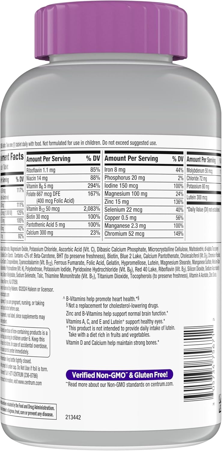 Centrum Silver Women's Multivitamin for Women 50 Plus, Multivitamin/Multimineral Supplement with Vitamin D3, B Vitamins, Non-GMO Ingredients, Supports Memory and Cognition in Older Adults - 200 Ct