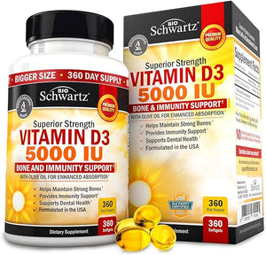 Vitamin D3 5000 IU (125 mcg) Natural Immune Support Supplement, Bone Strength, Healthy Muscle Function, with Olive Oil for Highest Absorption, Gluten Free & Non-GMO, 1 Year Supply, 360 Softgels in Pakistan