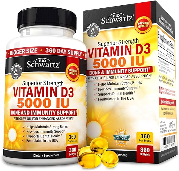 Vitamin D3 5000 IU (125 mcg) Natural Immune Support Supplement, Bone Strength, Healthy Muscle Function, with Olive Oil for Highest Absorption, Gluten Free & Non-GMO, 1 Year Supply, 360 Softgels in Pakistan in Pakistan