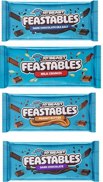 Feastables Beast Bar Dark Chocolate Sea Salt, Milk Chocolate Crunch, Milk Chocolate Peanut Butter, and Dark Chocolate Beast Bars [4-Pack] NEW FORMULA! Creamier and Thicker! 2.1 oz Bars in Pakistan