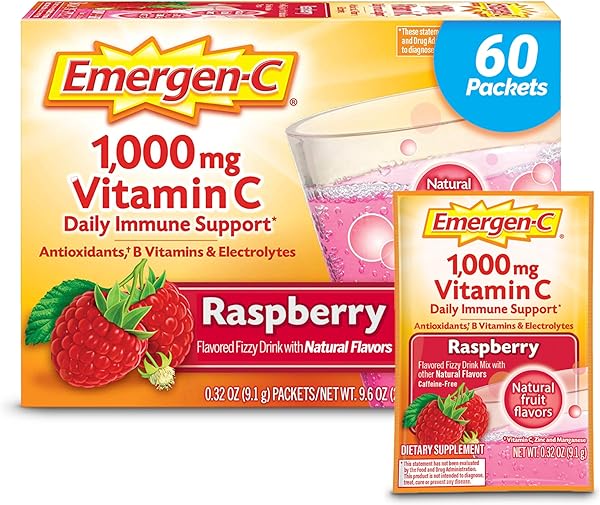 Emergen-C 1000mg Vitamin C Powder, with Antioxidants, B Vitamins and Electrolytes, Vitamin C Supplements for Immune Support, Caffeine Free Drink Mix, Raspberry Flavor - 60 Count/2 Month Supply in Pakistan in Pakistan