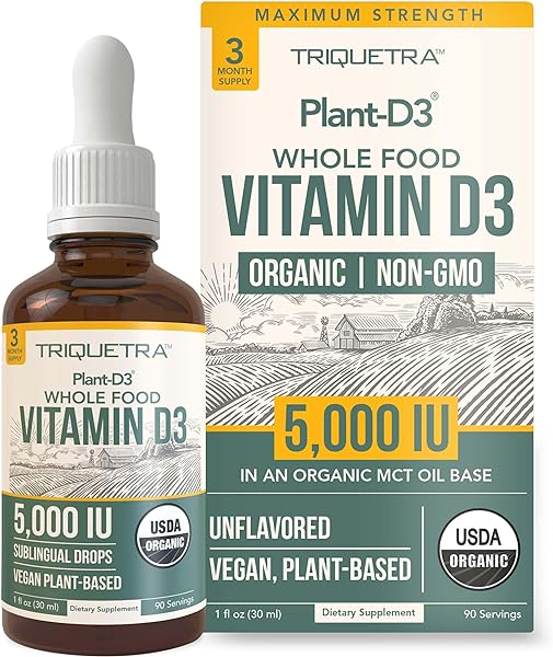 Plant-D3 Organic Vitamin D3 5000 IU - Vegan, Max Strength Sublingual Liquid D3 Drops - 200% Higher Absorption - 100% Plant-Based Cholecalciferol Form - Adjustable Dosing for All Ages (1oz Liquid) in Pakistan