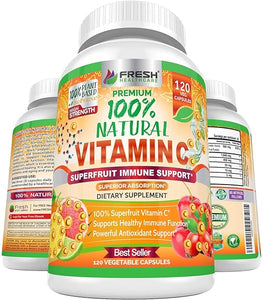 Natural Vitamin C - 100% from Rose Hips, Acerola Cherry and Camu Camu Superfruit 500mg - High Absorption - Immune Support, Skin, Joint and Collagen Booster with Citrus Biflavanoids - 120 Capsules in Pakistan