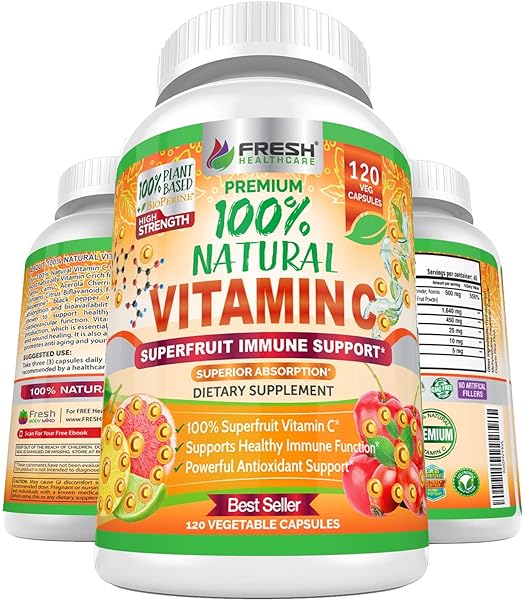 Natural Vitamin C - 100% from Rose Hips, Acerola Cherry and Camu Camu Superfruit 500mg - High Absorption - Immune Support, Skin, Joint and Collagen Booster with Citrus Biflavanoids - 120 Capsules in Pakistan in Pakistan