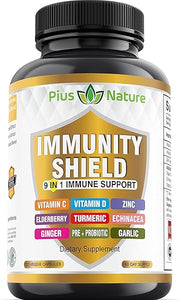 9-in-1 Immune Support Vitamin C (1000mg), Vitamin D3 (5000 IU), Zinc(22mg) with Elderberry, Turmeric, Echinacea, Ginger, Garlic and Pre+Pro-Biotic per serving (120 caps per bottle - 2 month supply) in Pakistan