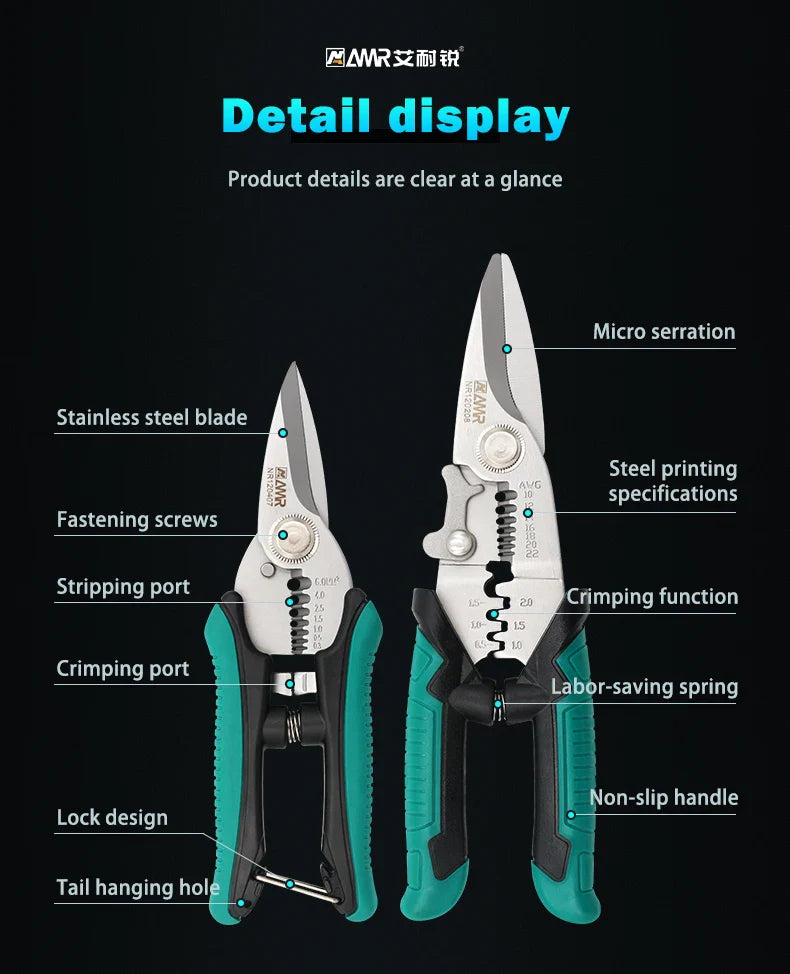 AMR 6-inch 8-inch stainless steel multifunctional electrician scissors for cutting crimping stripping wires