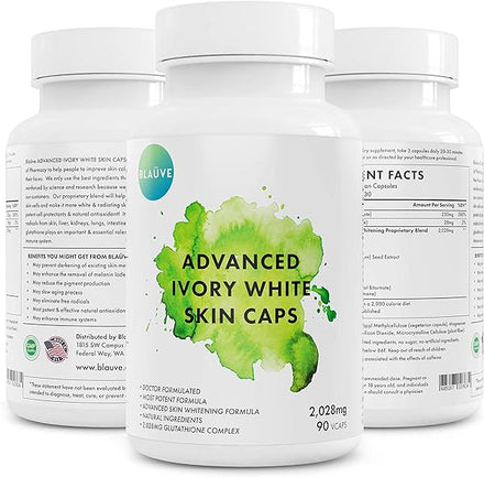 Advanved Ivory White Skin Caps- Maximum Potency 2028 mg Glutathione Skin Whitening 90 Capsules- GSH - Best Whitener- Whitens/Lightens Your Skin Tone-Natural Dark Spot Remover-Doctor Formulated in Pakistan