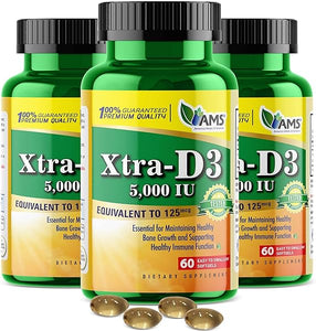 America Medic & Science Xtra D3 Vitamin D 5,000 IU (125 mcg)Cholecalciferol Supplement for Men & Women(180Easy to Swallow Softgels) 3pack|Best for Bone,Heart Health,Immune System Support,Lung Function in Pakistan