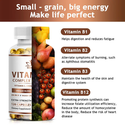 B-Complex Vitamin Supplements (B1 B2 B3 B5 B6 B12 Folic Acid&Biotin) Relieve Stress Improve Immunity System Strong Bones &Teeth