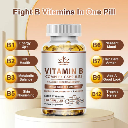 B-Complex Vitamin Supplements (B1 B2 B3 B5 B6 B12 Folic Acid&Biotin) Relieve Stress Improve Immunity System Strong Bones &Teeth