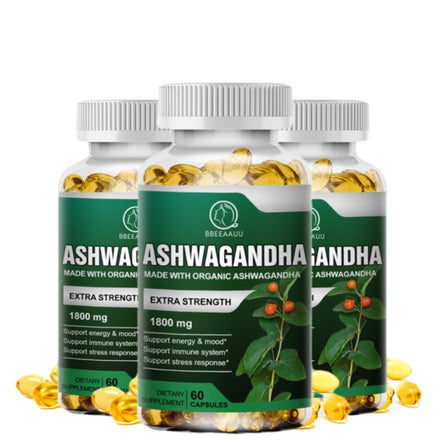 BBEEAAUU Organic Health Food 1800mg Ayurvedic Ashwagandha Capsule Help Sleep Reduce Anxiety Enhances Immunity Energy Supplement