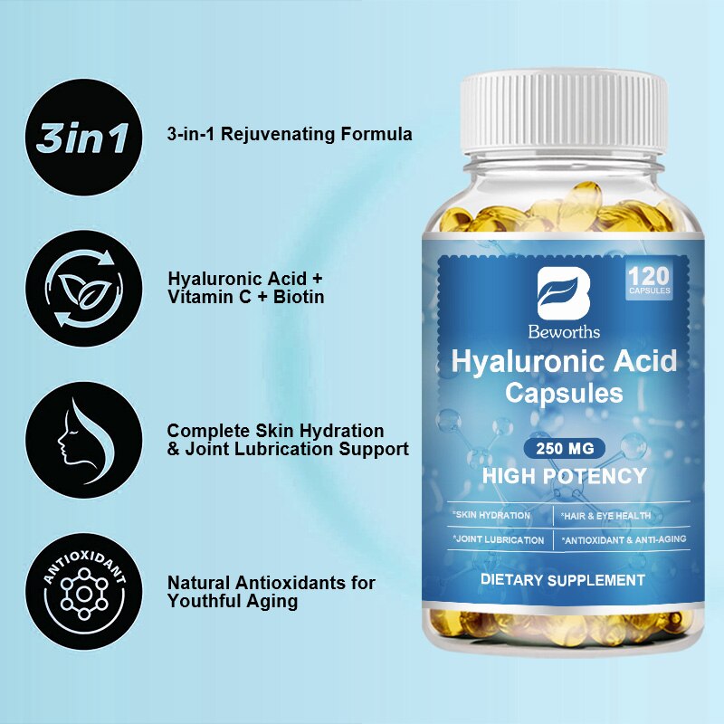BEWORTHS Hyaluronic Acid Supplements Plus Biotin&Vitamin C High Potency Support Skin Hydration,Joint Lubrication,Hair&Eye Health