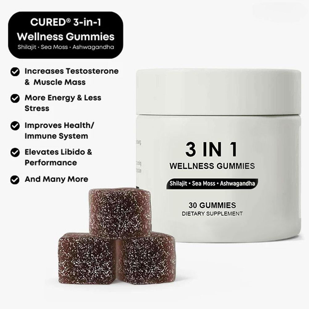 BIYODE Shilajit Soft Candy 3 In 1 Wellness Gummies Shilajit Sea Moss Ashwagandha 30 Gummies Dietary Supplement Increases Energy