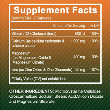 Calcium Magnesium Zinc Vitamin D3 for Bone & Muscle & Nervous System Health Support Cell Growth Increase Immunity Supplement
