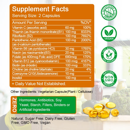 Catfit Compound Vitamin B Capsules B1 B2 B3 B5 B6 B7 B9 B12 Better Mood Assists Nervous System Health &Energy Support Supplement