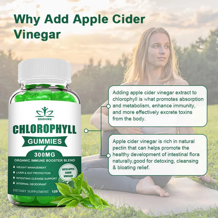 Chlorophyll Gummies-with ACV, Vitamin D3, C, E, B12 -Natural Deodorant, Energy Boost, Immune&Digestion Support, Vegan 60 Candies