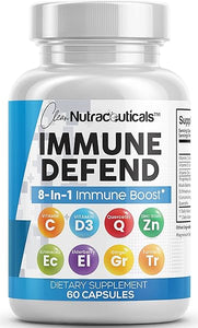 Clean Nutraceuticals Immune Defense Support Supplement 8 in 1 w/Zinc 50mg Quercetin, VIT C 1000mg, Vitamin D3 5000 IU, Elderberry, Turmeric, Echinacea, Immunity System Booster Adults Vegan, 60Ct (USA) in Pakistan