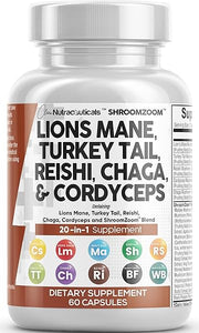 Clean Nutraceuticals Lions Mane 3000mg 20in1 Mushroom Supplement with Turkey Tail 2000mg Reishi 1000mg Cordyceps Chaga 1000mg Maitake Meshima Poria Cocos Shiitake Oyster Porcini Enoki 60 Count in Pakistan