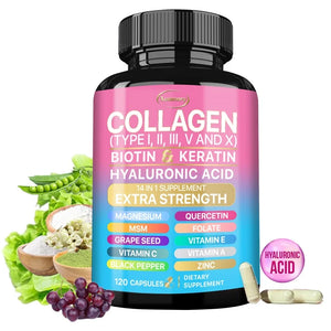 Collagen Capsules (Types I, II, III, V and X) - Anti-aging, Antioxidant, Whitening, Skin, Nail and Hair Care Supplements