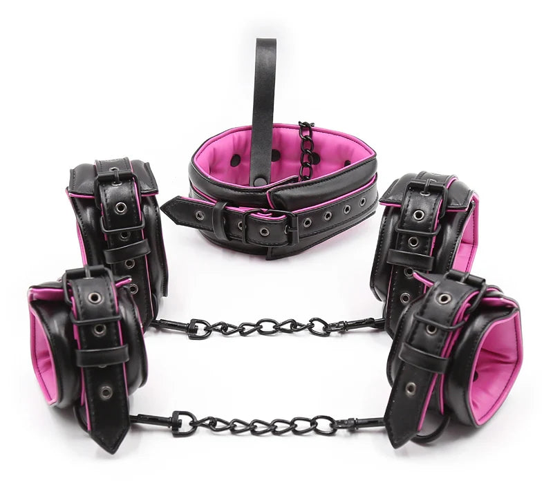 Couple Leather Bdsm Bondage Set 3pcs Restraints Collars Ankle Cuff Handcuffs For Bondage Set For Women Adults