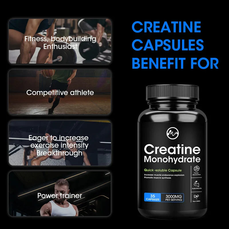 Creatine Monohydrate Capsules, Energy Performance Whey Proteins for Muscle Mass Workout Recovery  Men's Energy Supplement