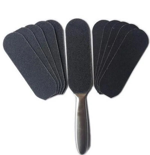 Double Sided Foot Care Tool Foot Rasp File Calluses Remover Pedicure Stainless Steel Handle Sand Paper with 10 pcs Sand Paper