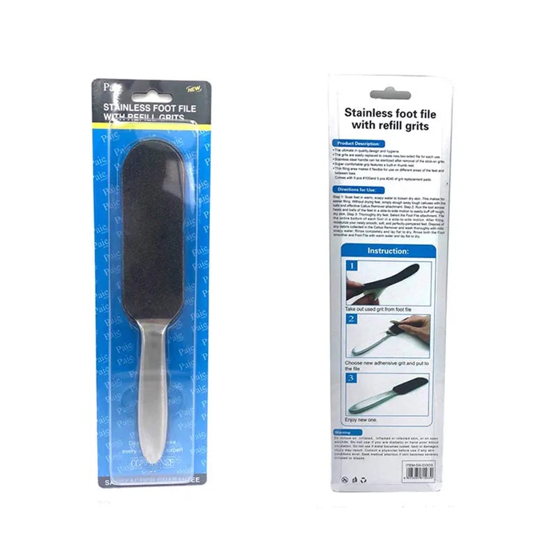 Double Sided Foot Care Tool Foot Rasp File Calluses Remover Pedicure Stainless Steel Handle Sand Paper with 10 pcs Sand Paper